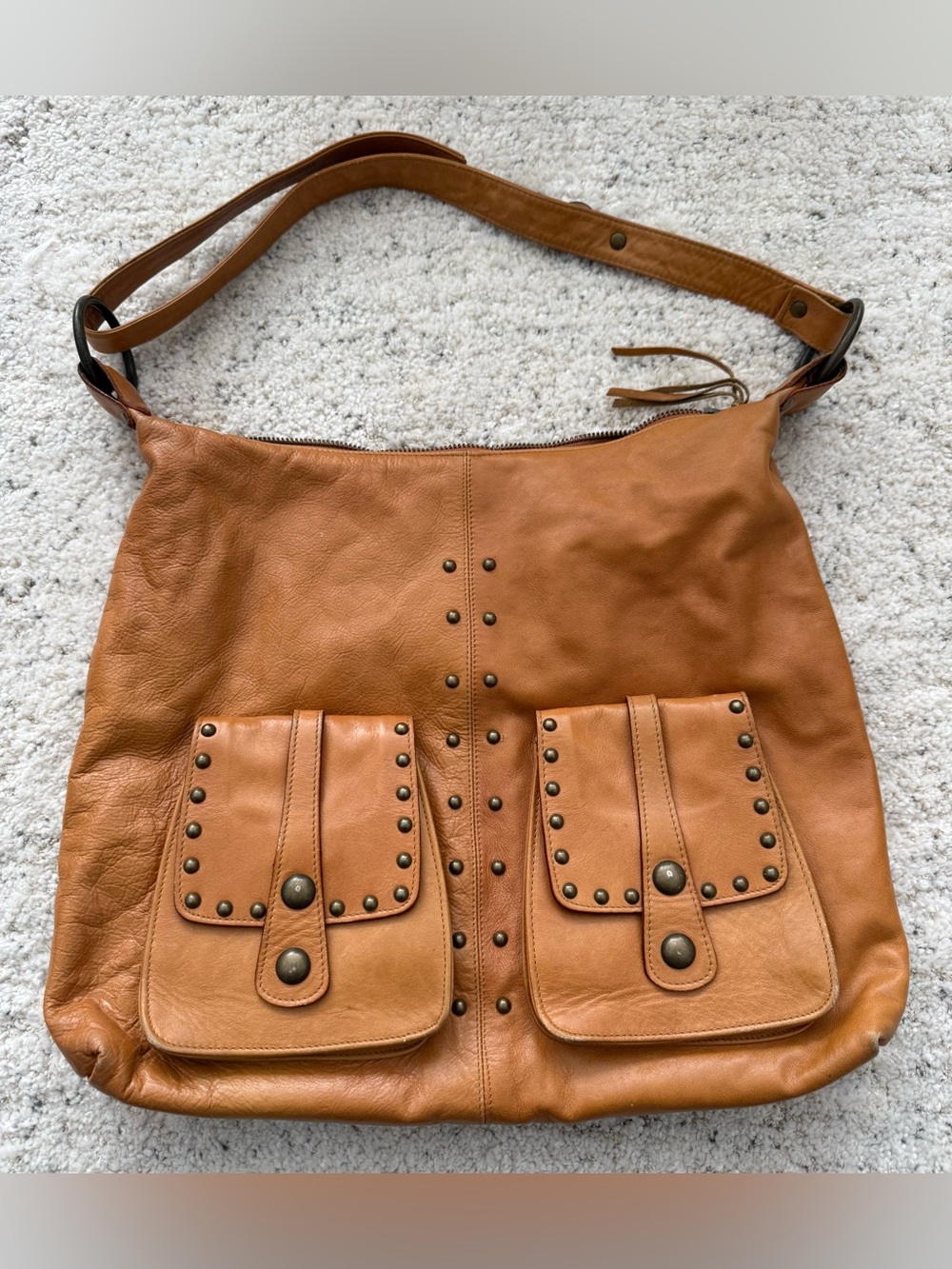 Cheraz Tan Brown Leather Studded Hobo Shoulder Bag Front Pockets Made in USA